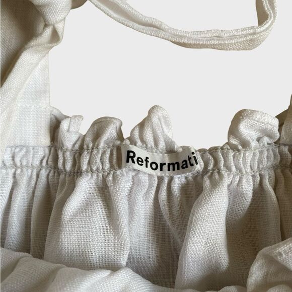 Reformation Shirred Tie-Strap Linen Top Women's Size M White Ruffle Hem Coquette - Picture 11 of 14
